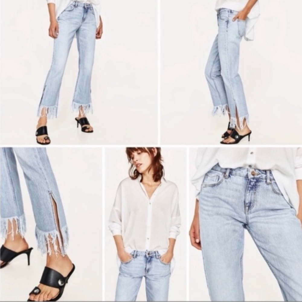 Zara Whitewash Basic Denim Side Split Fringe Jean… - image 1